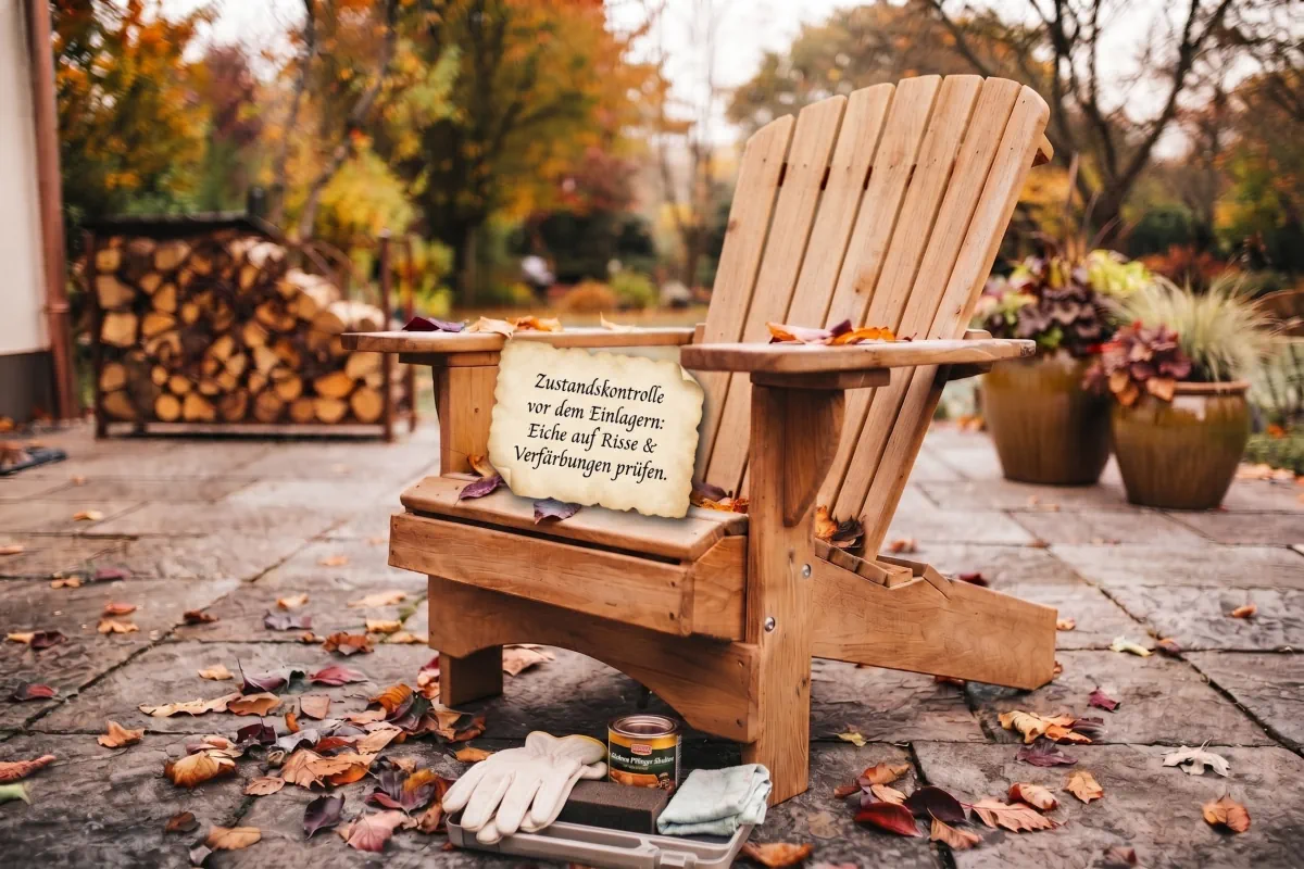 Eichenholz eines Adirondack Chairs vor der Winterpflege