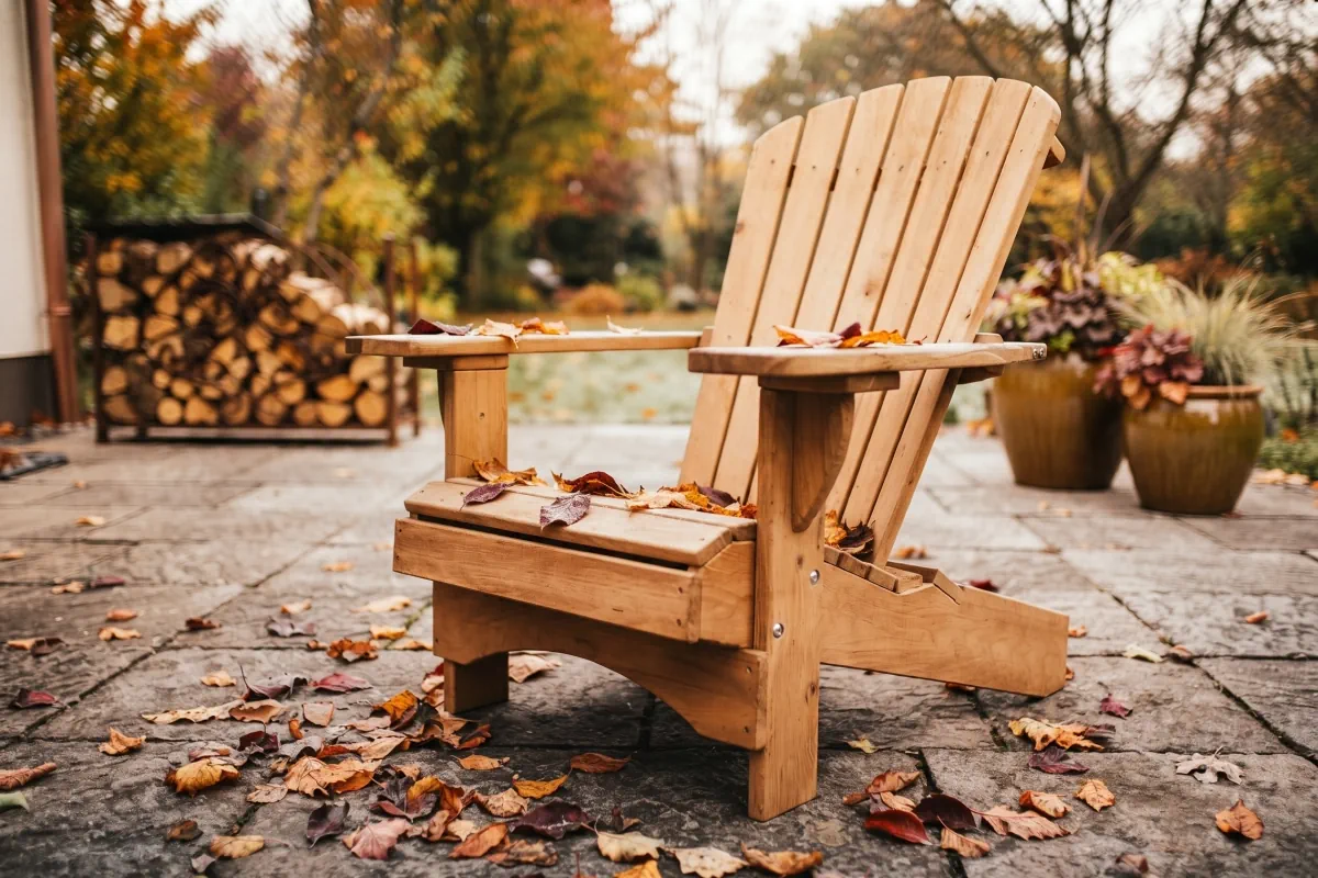 Adirondack Chair aus Holz im Herbst vor der Einlagerung