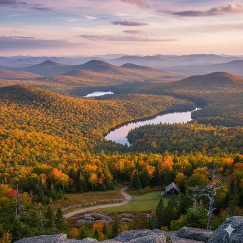 Ein wunderschöner Blick über eine Flusslandschaft in den Adirondack Mountains während der farbenprächtigen Laubfärbung des Indian Summer